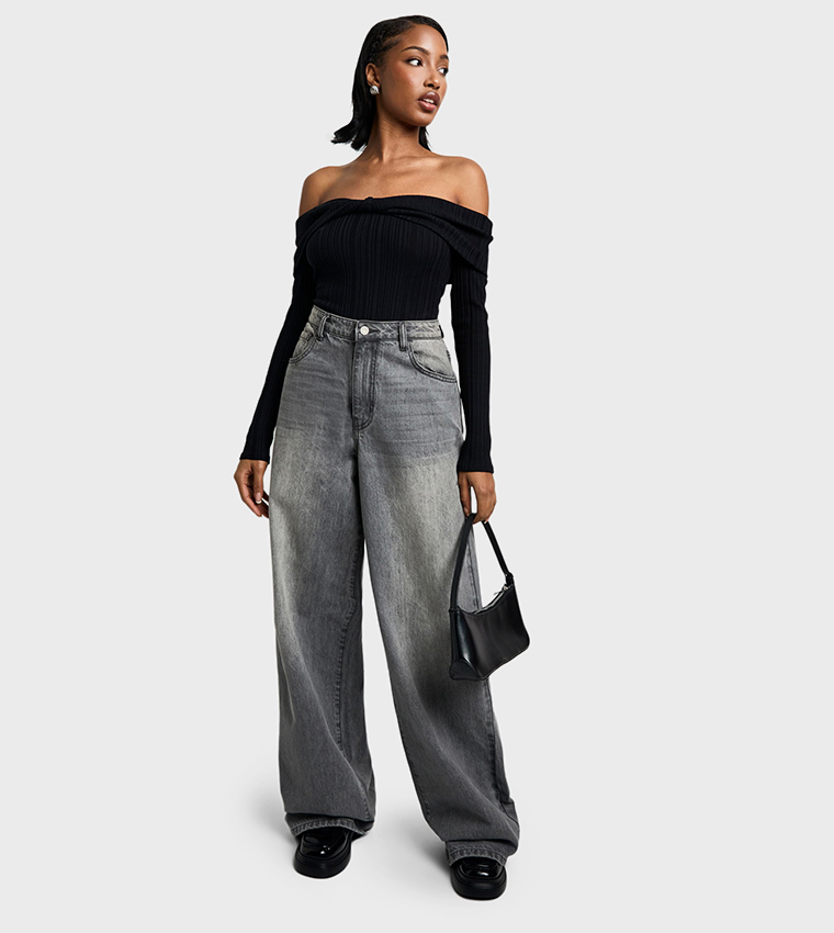 Ribbed Bardot Twist Bodysuit Top