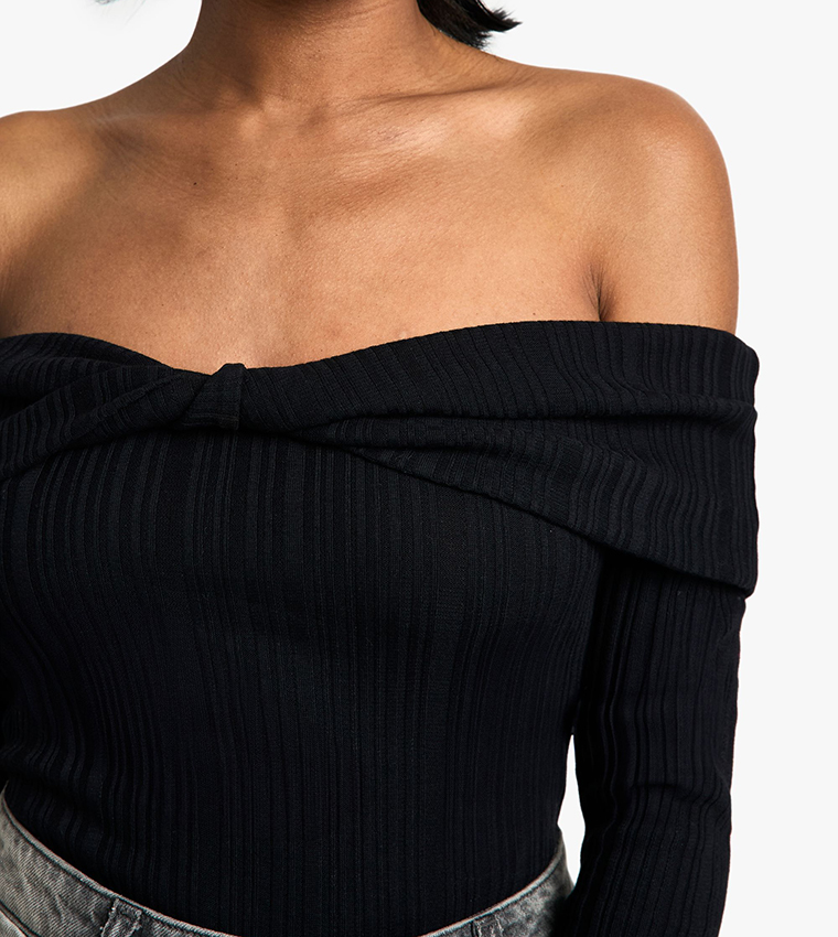 Ribbed Bardot Twist Bodysuit Top