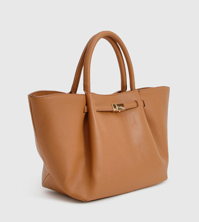 Clasp Detail Textured PU Tote Bag