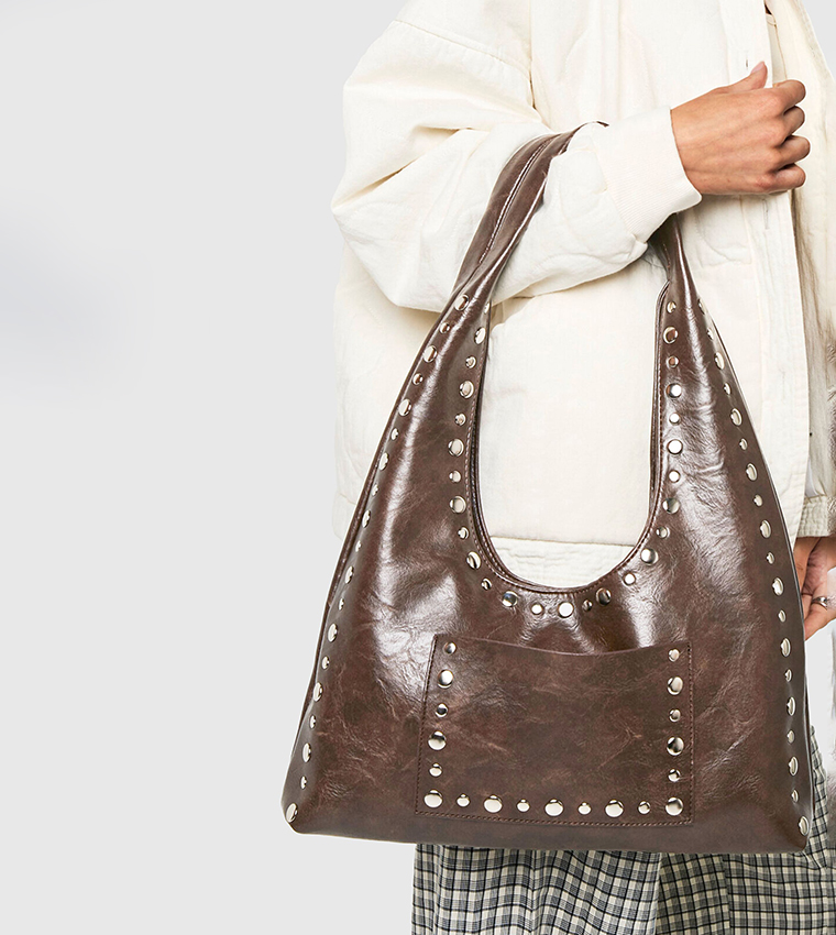 Stud Trim Distressed Slouchy Shoulder Bag