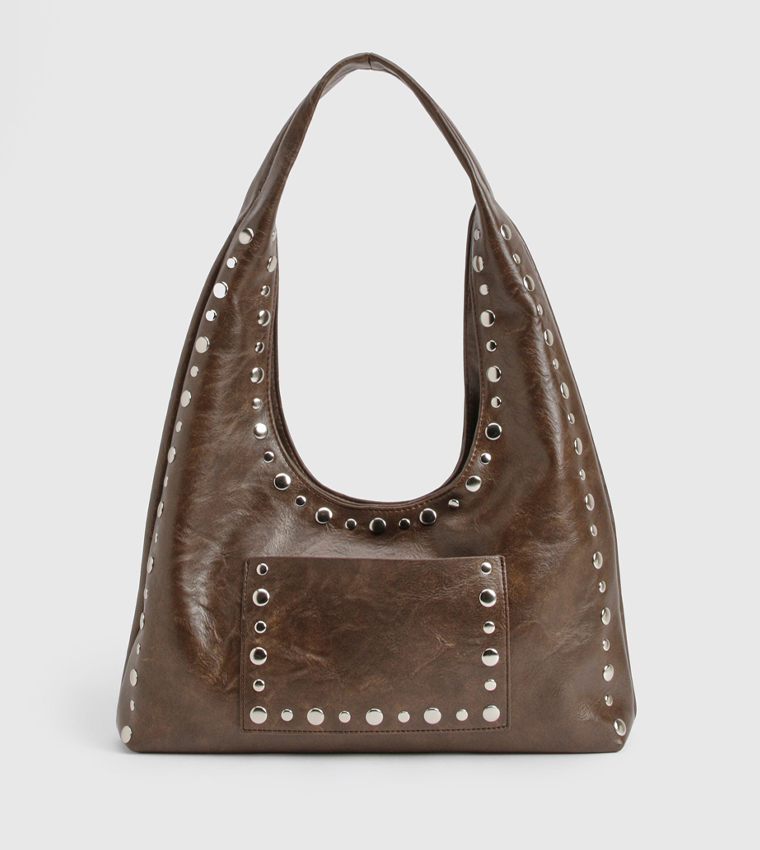 Stud Trim Distressed Slouchy Shoulder Bag