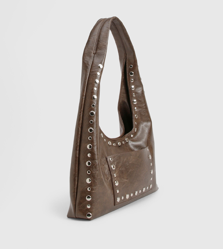 Stud Trim Distressed Slouchy Shoulder Bag