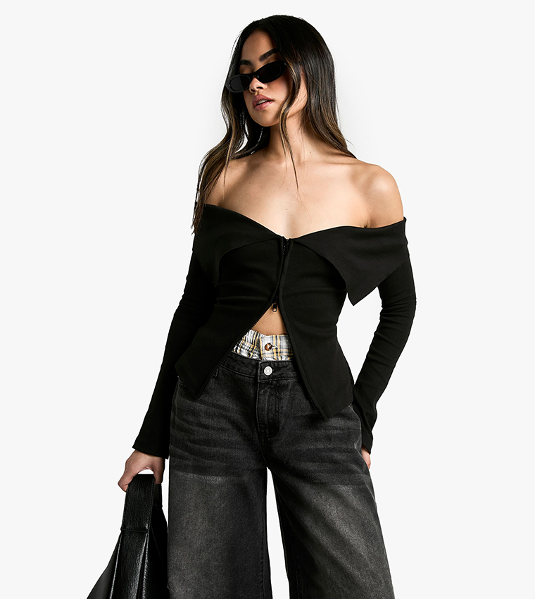 Double Zip Bardot Ribbed Top