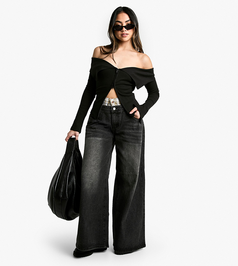 Double Zip Bardot Ribbed Top