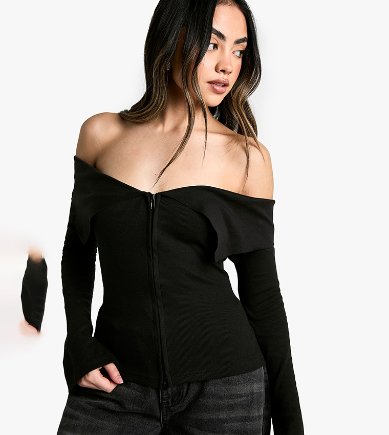 Double Zip Bardot Ribbed Top