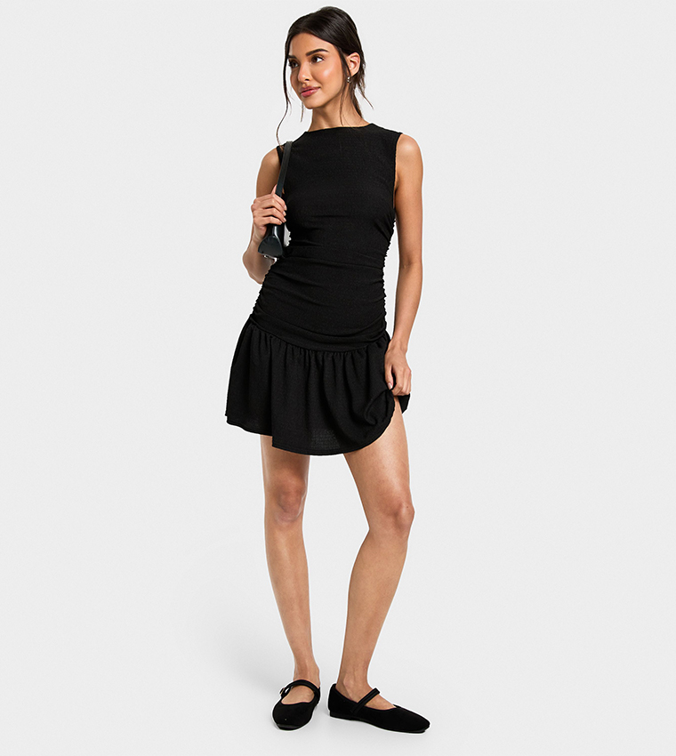 Textured Slash Neck Drop Waist Mini Dress