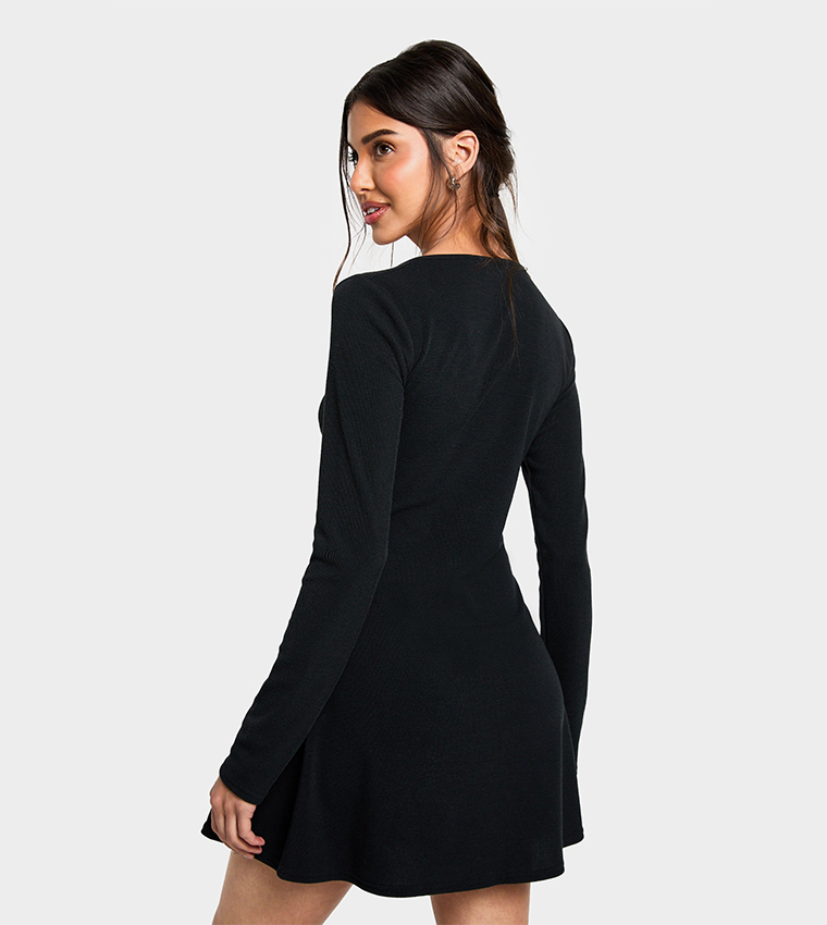 Ribbed Ruched Detail V-Neck Mini Dress