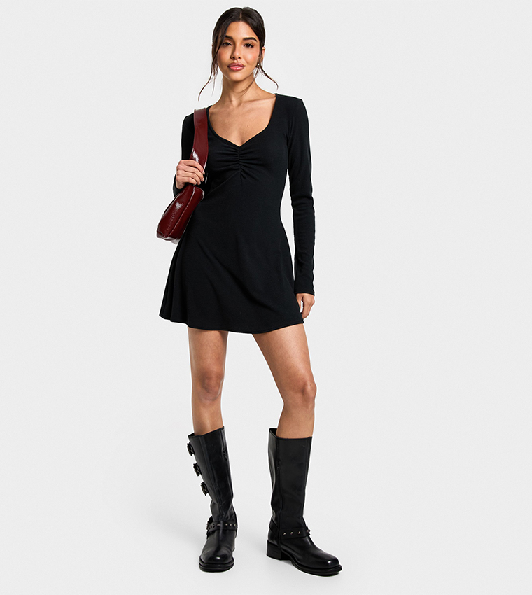 Ribbed Ruched Detail V-Neck Mini Dress