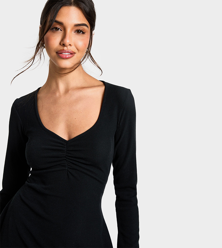 Ribbed Ruched Detail V-Neck Mini Dress