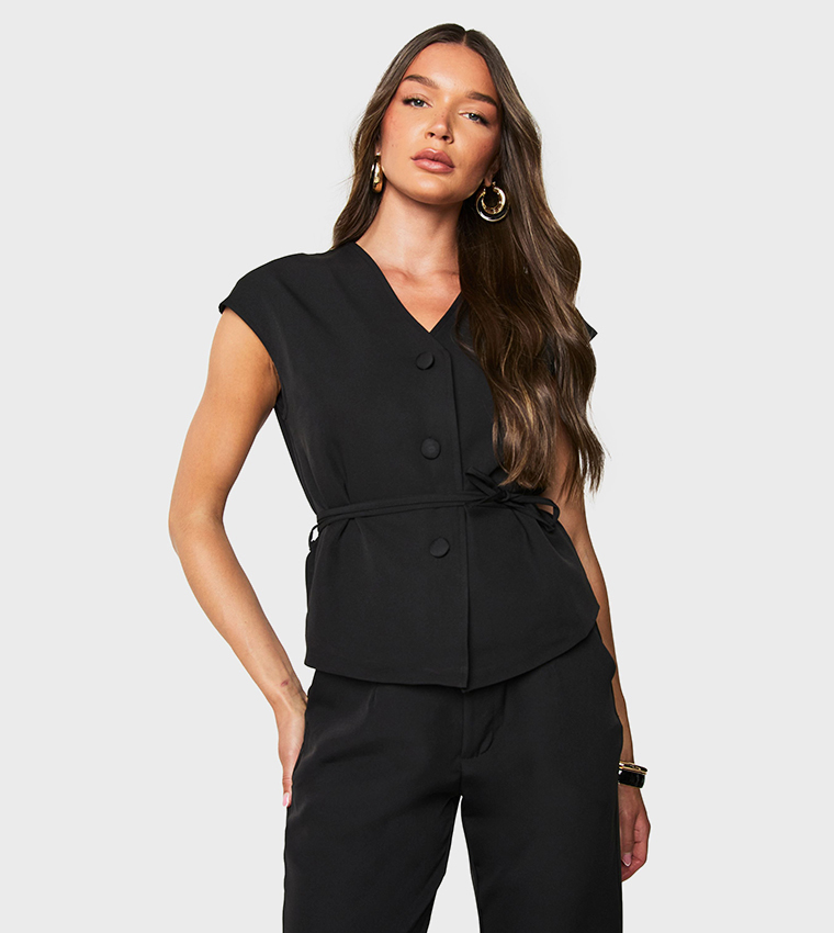 Tailored Belted Cap Sleeves Waistcoat
