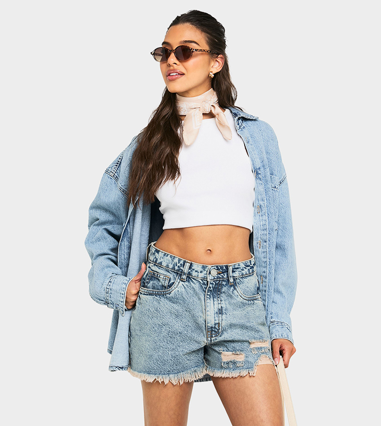 Acid Wash Ripped Hem Denim Shorts