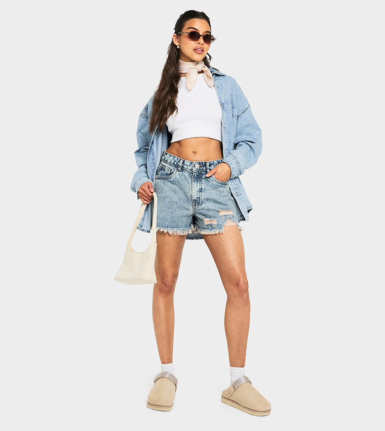 Acid Wash Ripped Hem Denim Shorts