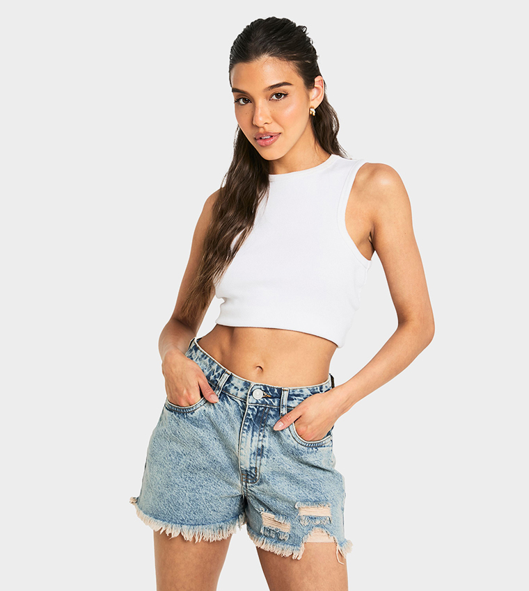 Acid Wash Ripped Hem Denim Shorts