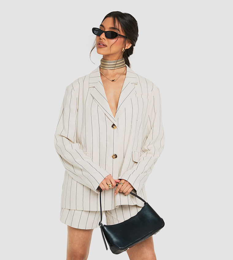 Tailored Linen Look Striped Oversized Blazer