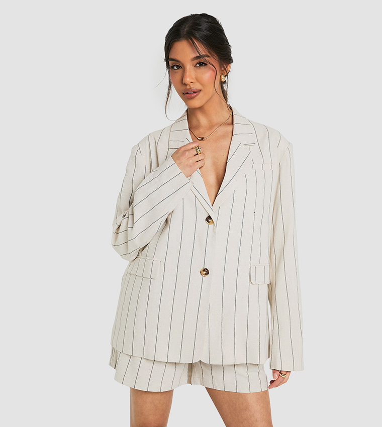 Tailored Linen Look Striped Oversized Blazer