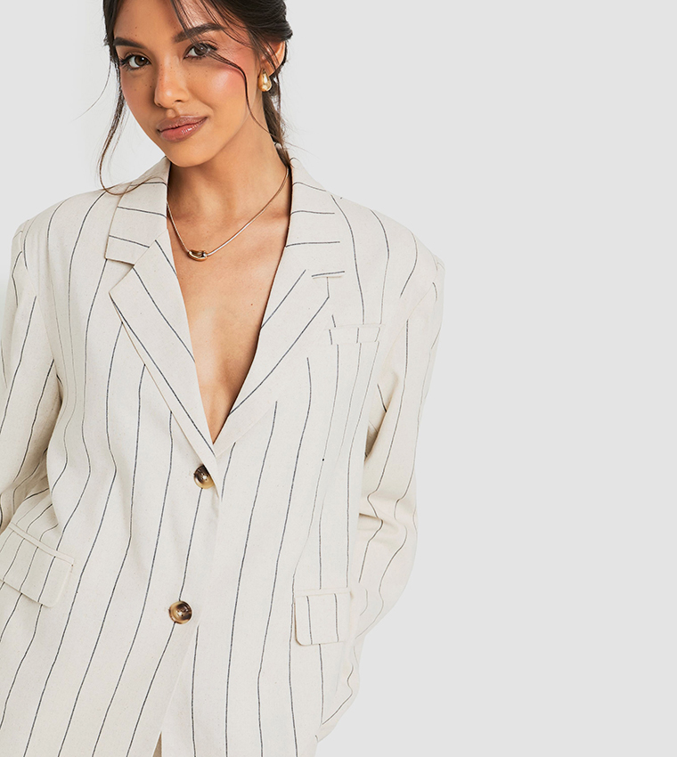Tailored Linen Look Striped Oversized Blazer