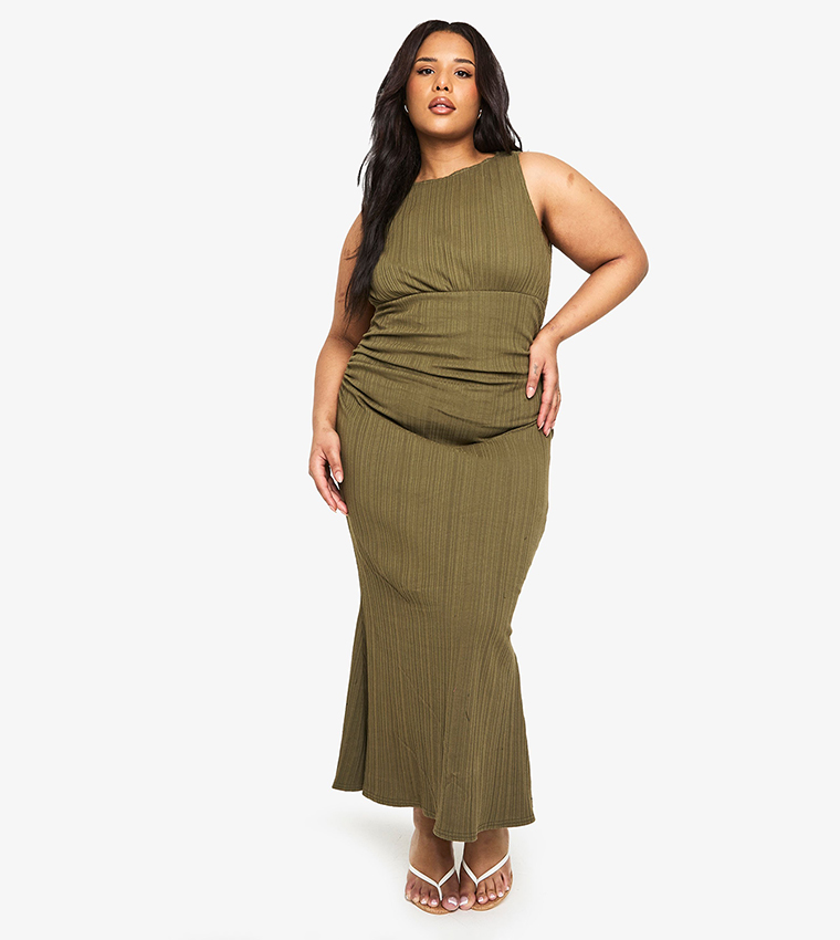 Buy Boohoo Curve Cotton Ribbed Ruched Column Midaxi Dress In Olive