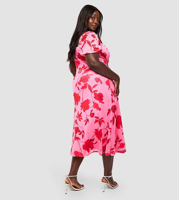 Curve Floral Mesh Ruched Bust Midi Dress