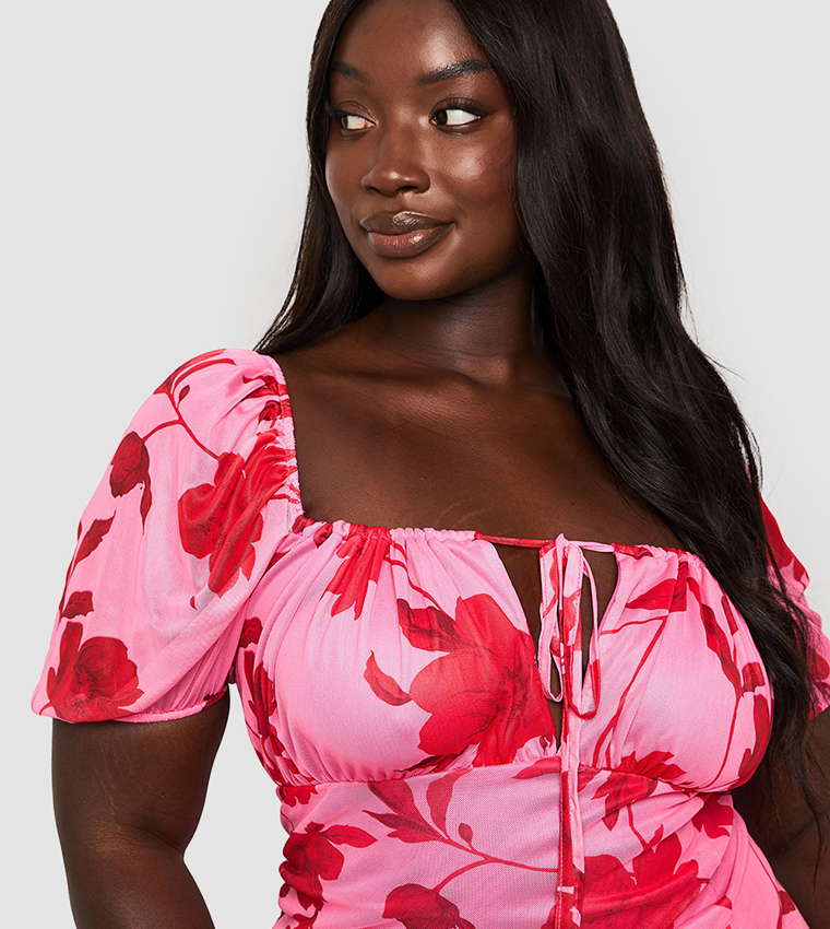 Curve Floral Mesh Ruched Bust Midi Dress