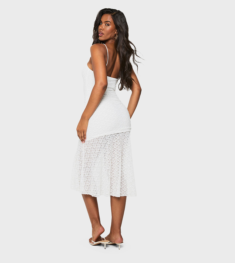 Lace Strappy Ruched Midi Dress