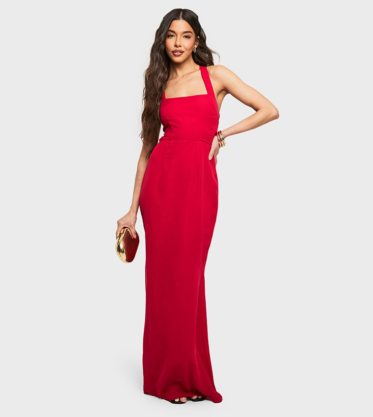Chiffon Scarf Detail Lace Up Back Maxi Dress