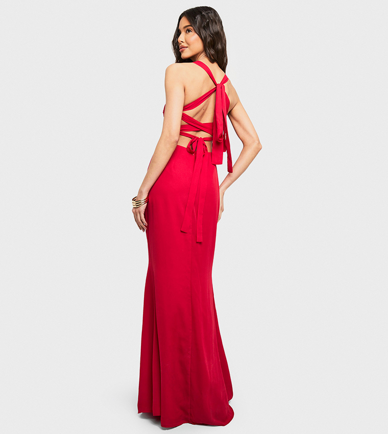 Chiffon Scarf Detail Lace Up Back Maxi Dress