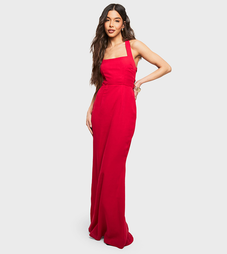 Chiffon Scarf Detail Lace Up Back Maxi Dress