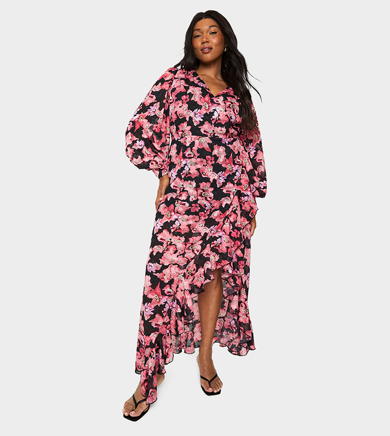 Curve Floral Patterned Ruffled Wrap Maxi Dress