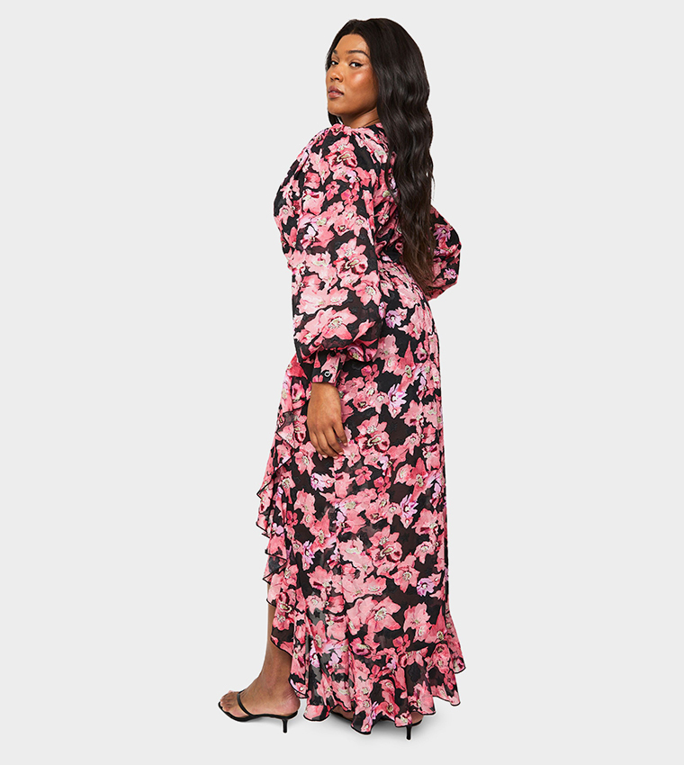 Curve Floral Patterned Ruffled Wrap Maxi Dress