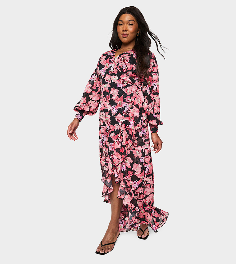 Curve Floral Patterned Ruffled Wrap Maxi Dress