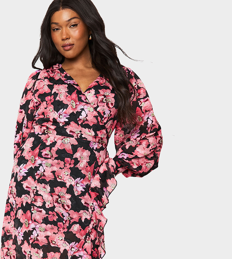 Curve Floral Patterned Ruffled Wrap Maxi Dress