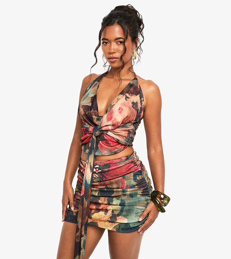 Printed Mesh Ruched Front Mini Skirt