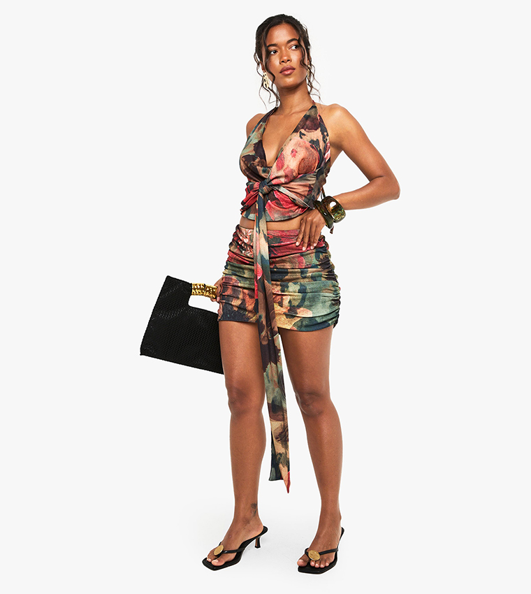 Printed Mesh Ruched Front Mini Skirt