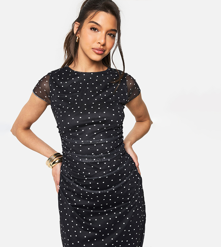 Polka Dots Short Sleeves Midaxi Dress
