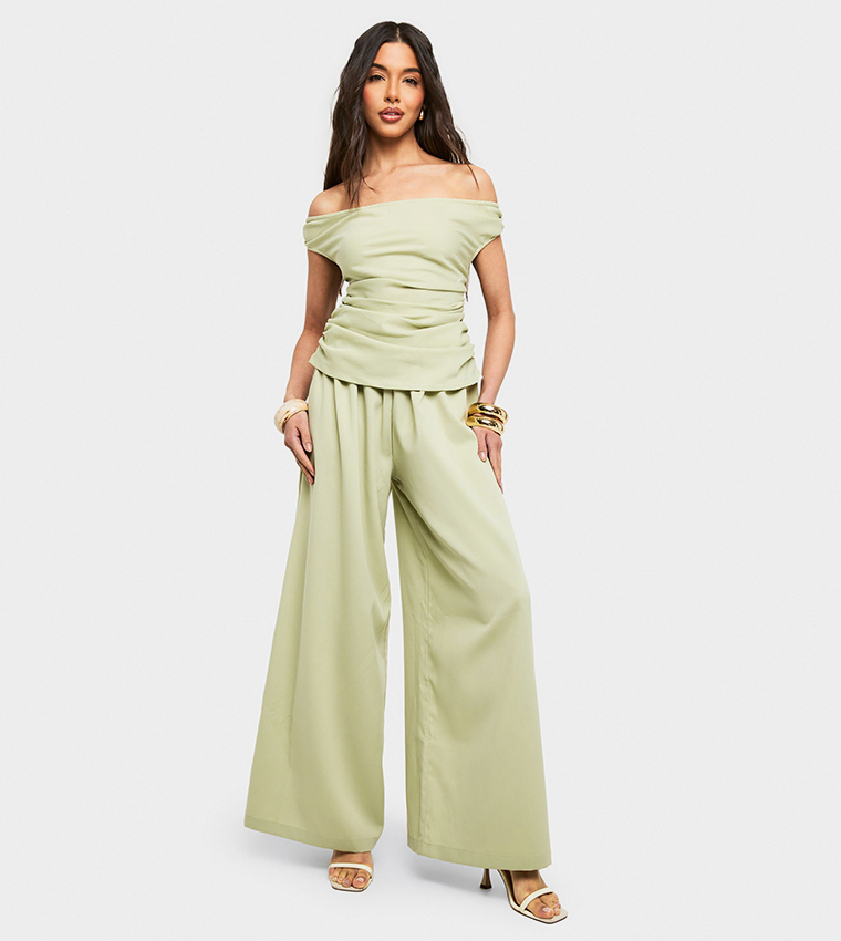 Linen Look Bardot Wide Leg Jumpsuit