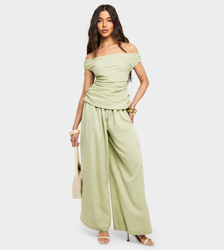 Linen Look Bardot Wide Leg Jumpsuit