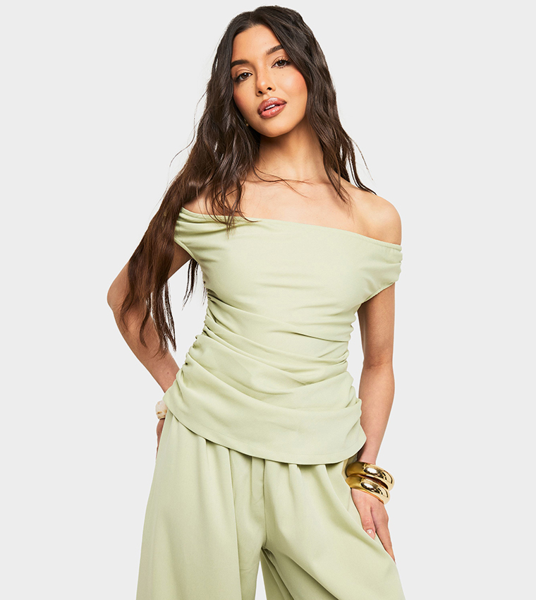 Linen Look Bardot Wide Leg Jumpsuit