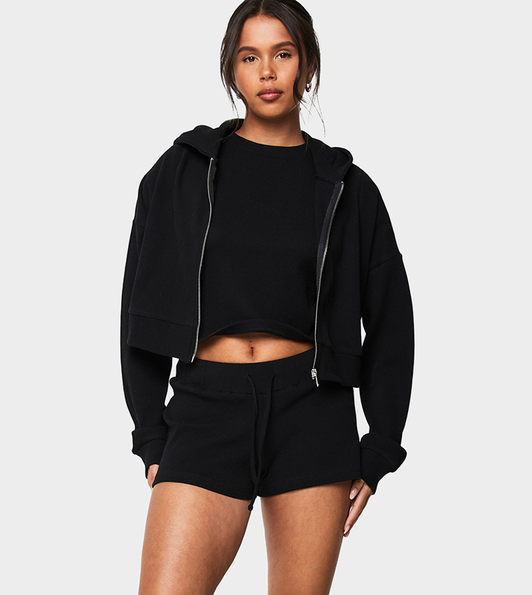 Waffle Zip Through Boxy Fit Crop Hooded Jacket