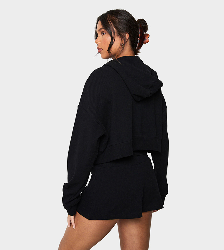 Waffle Zip Through Boxy Fit Crop Hooded Jacket