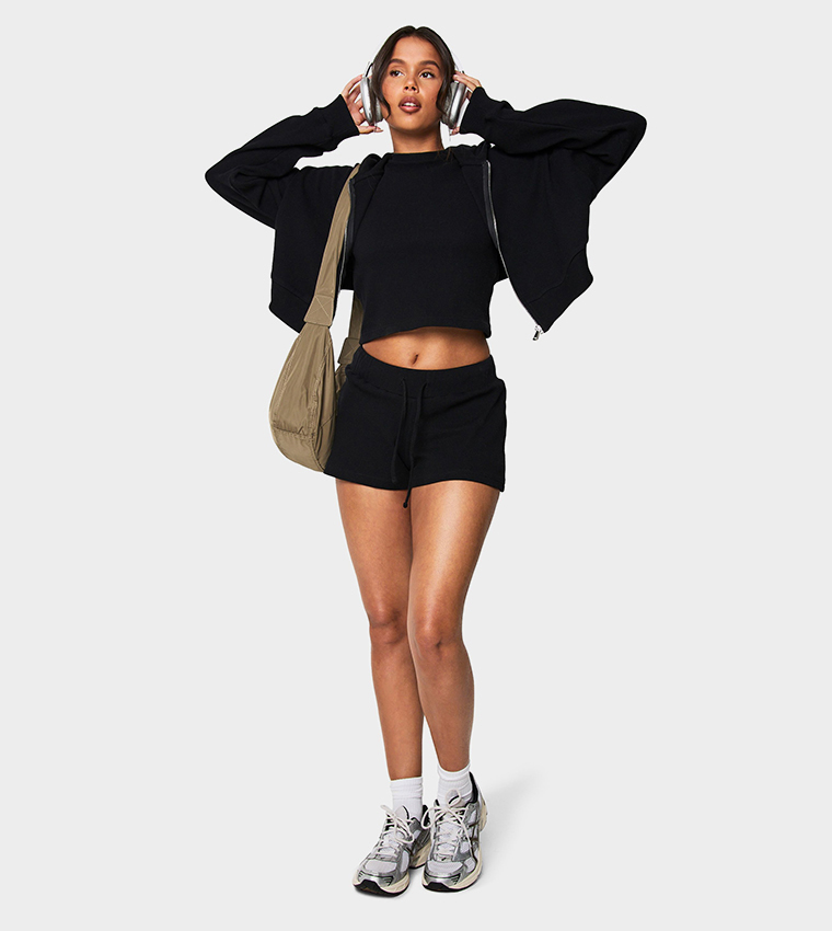 Waffle Zip Through Boxy Fit Crop Hooded Jacket