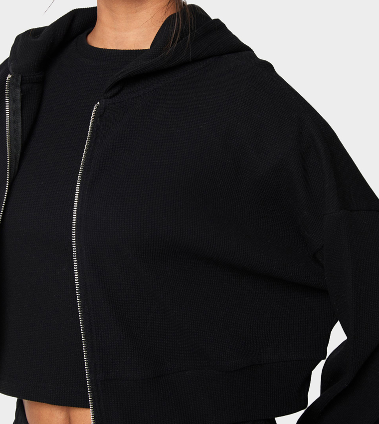 Waffle Zip Through Boxy Fit Crop Hooded Jacket