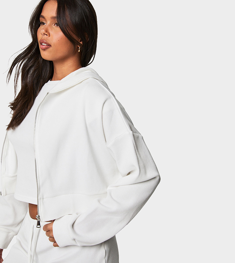 Waffle Zip Through Boxy Fit Crop Hooded Jacket