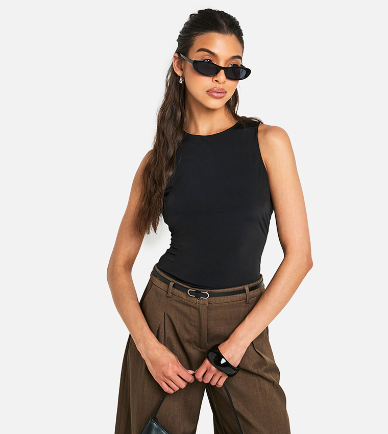 Double Layer Slinky Racer Neck Top