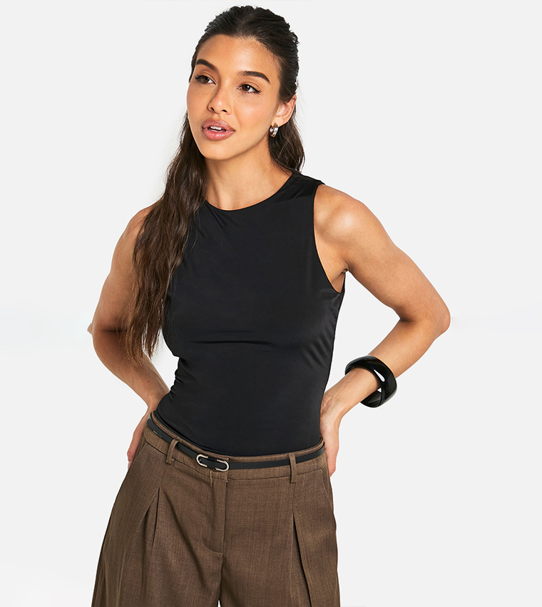 Double Layer Slinky Racer Neck Top