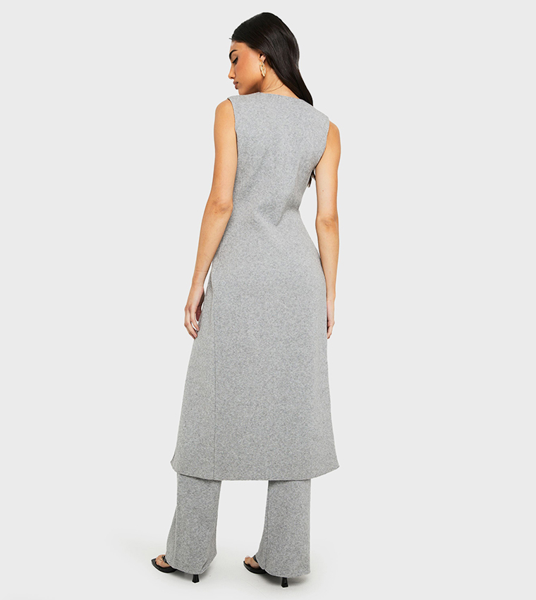 Gold Button Detail Knitted Waistcoat and Wide Leg Trouser Set