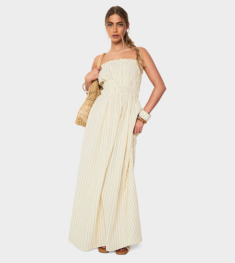 Striped Linen Look Shirred Maxi Dress