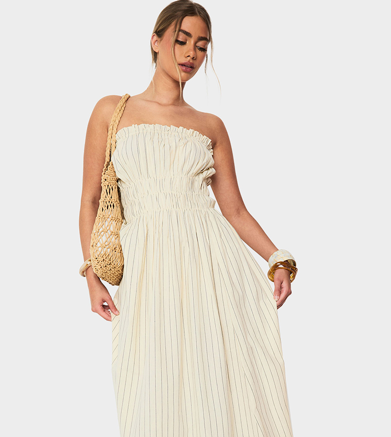 Striped Linen Look Shirred Maxi Dress