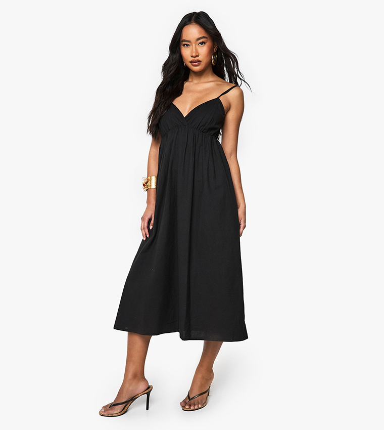 Buy Boohoo Linen Look Strappy Cami Maxi Dress In Black | 6thstreet Qatar