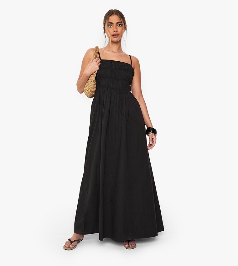 Cotton Poplin Shirred Maxi Dress
