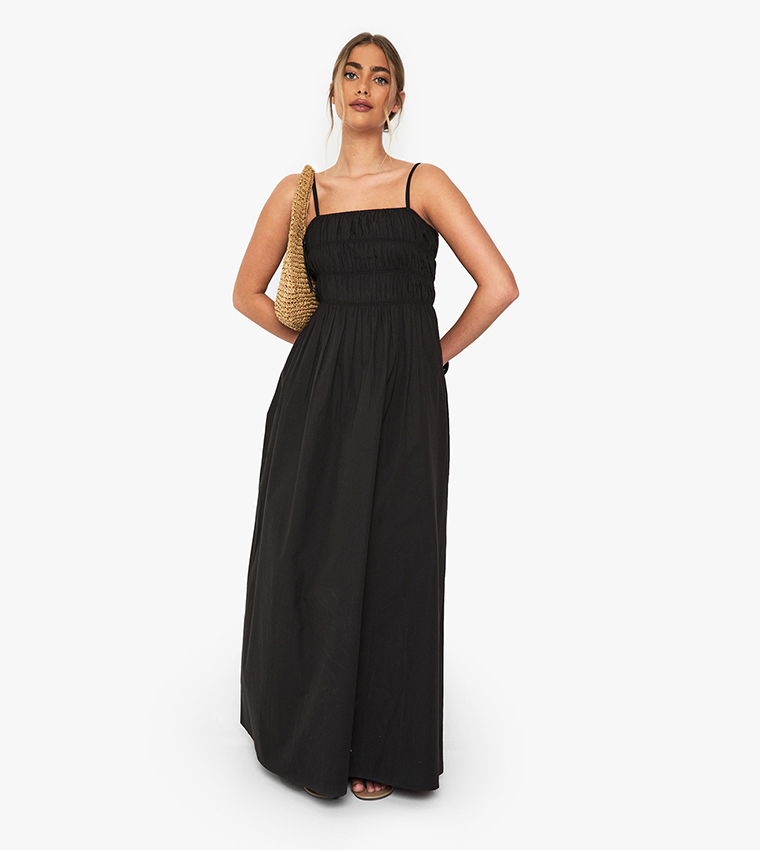 Cotton Poplin Shirred Maxi Dress